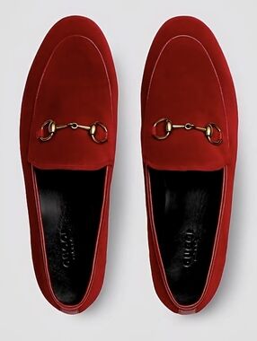 Gucci Velvet Hibiscus Jordaan Loafers Red 1953 Suede Gold Horsebit 39 8.5 NWOB